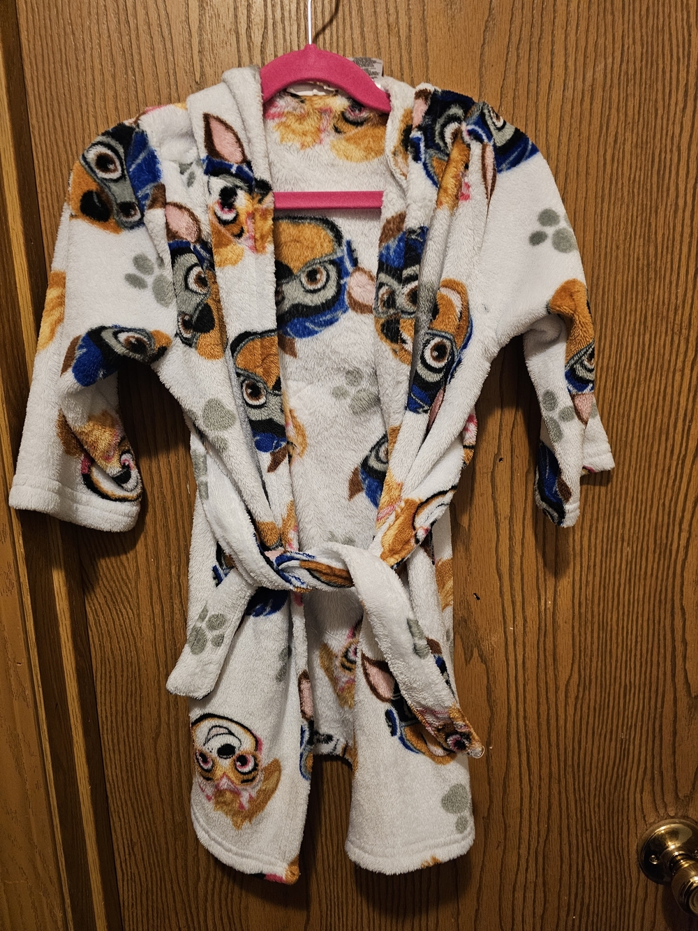 Paw Patrol White Plush Hooded Robe with Blue and Tan Pup Prints